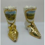 Two china boots with Nottingham scenes, 12cm