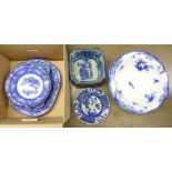 A box of flow blue china, a set of graduated plates, wash bowl, fruit bowl, etc.