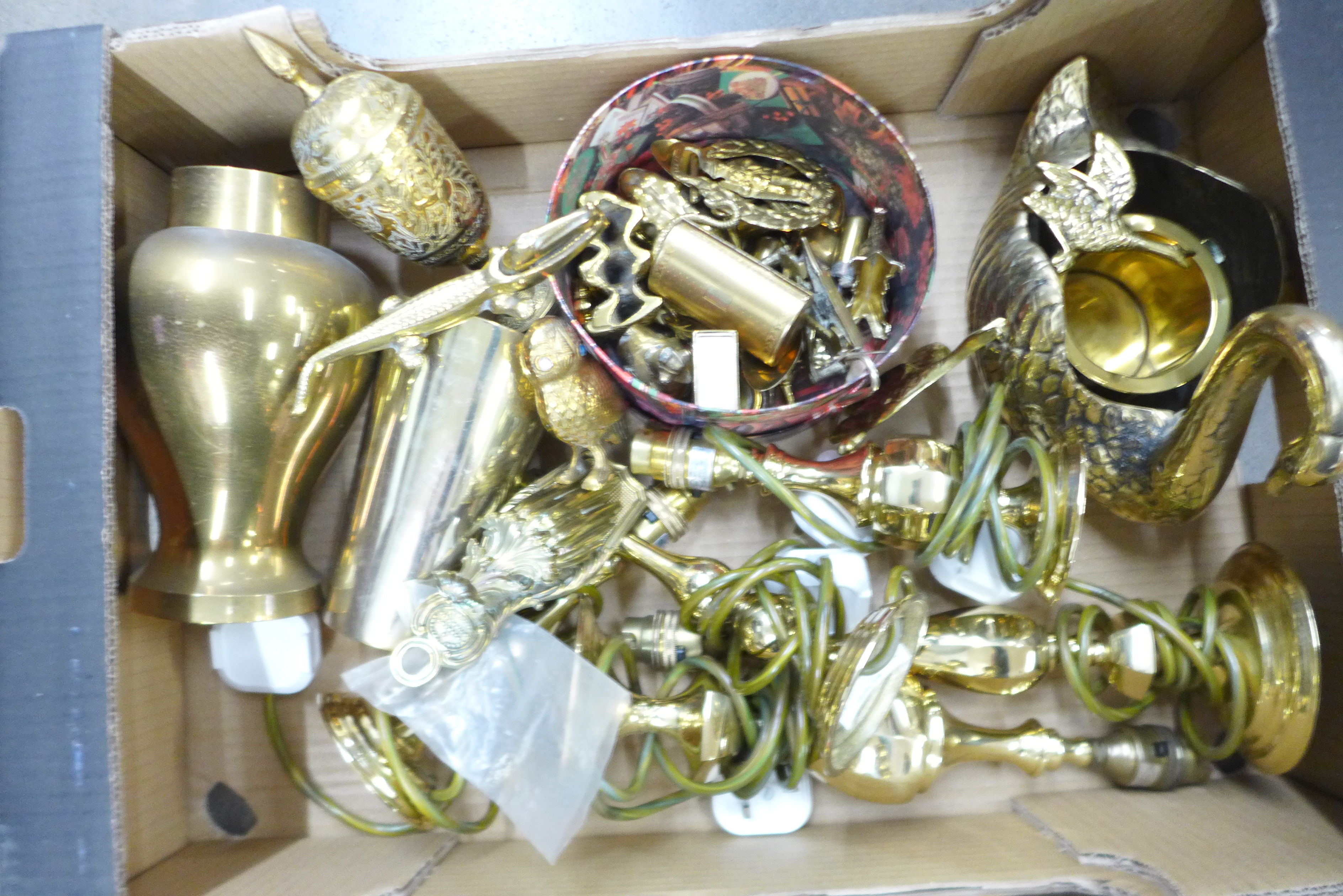 Two boxes of mixed brass, a pair of candlesticks, five table lamps, swan planter, etc. - Image 7 of 7