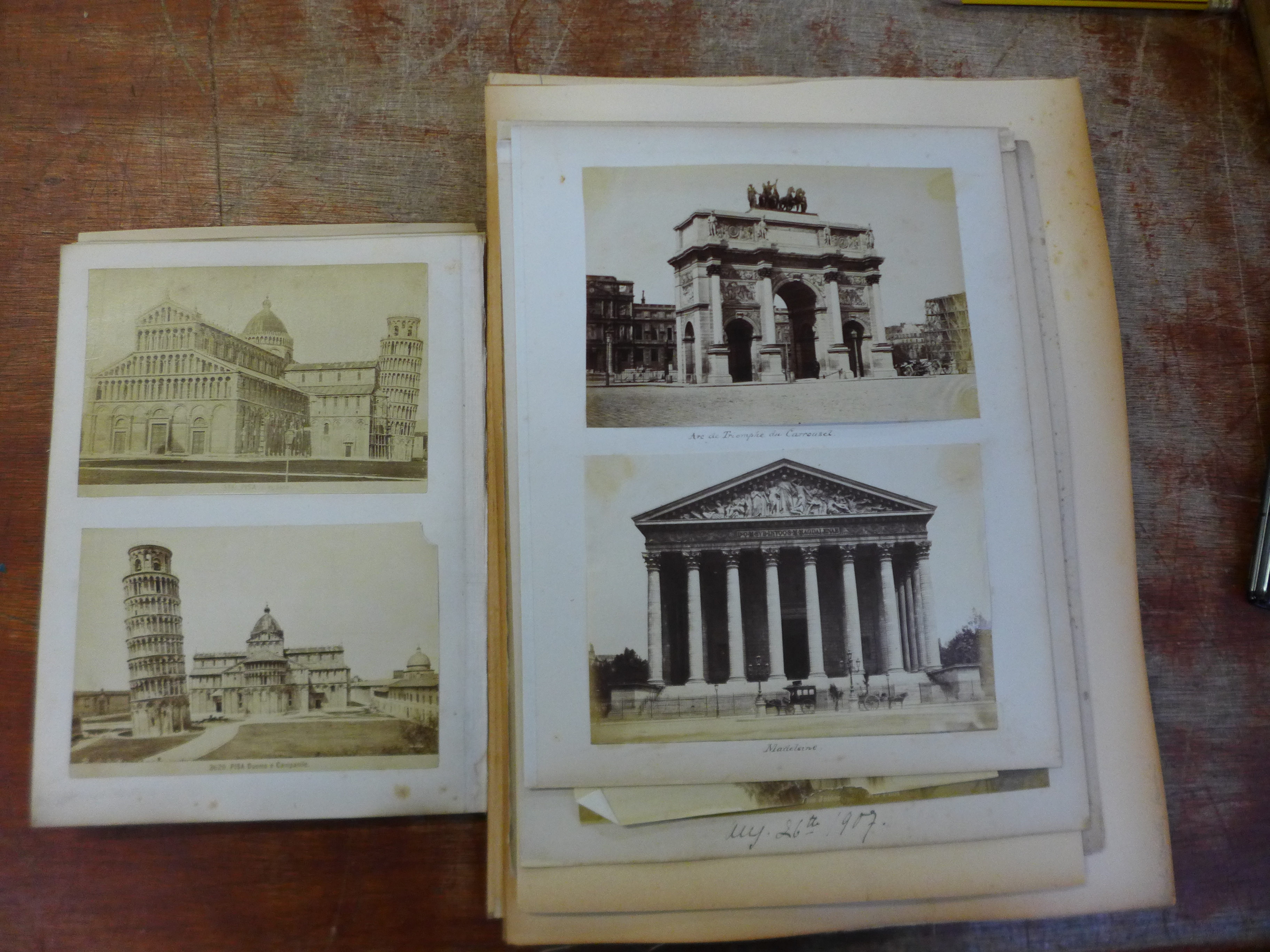 A collection of Victorian and Edwardian photographs on album pages, featuring scenes in Italy,