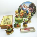Two Hummel musical boxes, a Hummel plate, four Hummel figures and a Hummell collectors spoon