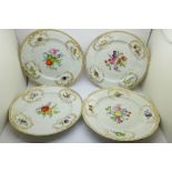 Four Meissen plates and a bowl, two plates a/f, all worn