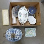 A box of mixed china, Radford jug vase, Art Nouveau plaque, 19th Century blue and white lidded