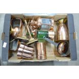 A box of mixed copper including jelly mould, planter, pair of candlesticks, jug, pan, lantern, etc.
