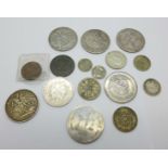 A Victorian silver crown, 1889, a 1788 Barbados penny and other coins including five reproduction