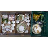Six boxes of assorted decorative glass, including a penguin cookie jar, lidded glass bowl, cups,