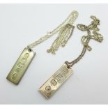 Two silver ingot pendants, 73g