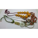 Two carved stone necklaces and other costume jewellery