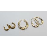 Two pairs of 9ct gold earrings and a single 9ct gold earring, one a/f, 2.6g