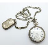 A silver pocket watch, Albert chain and a Victorian vesta case