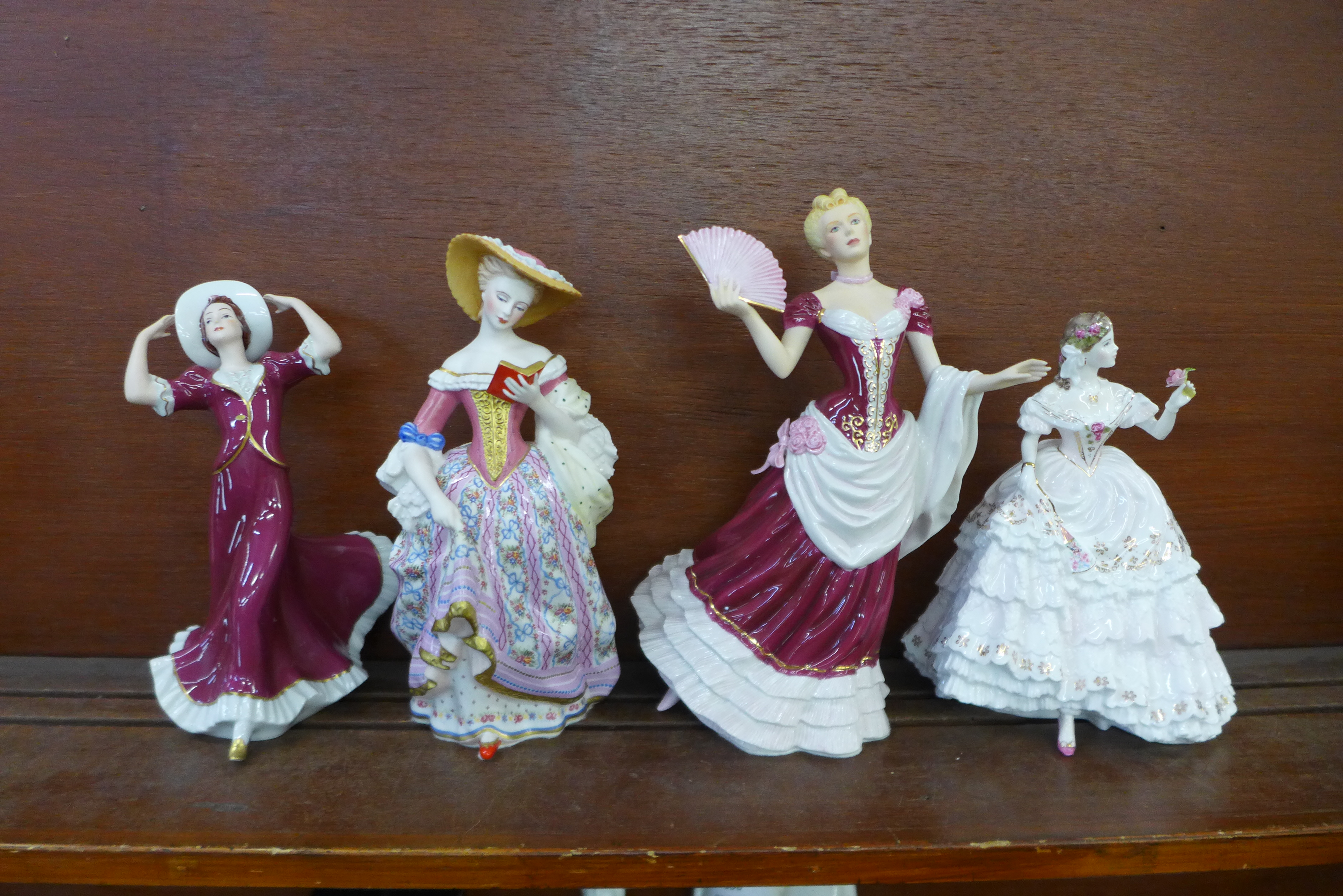 Four figures; Royal Worcester The Fairest Rose, Franklin Mint Vienna Waltz, V&A and Royal Dux