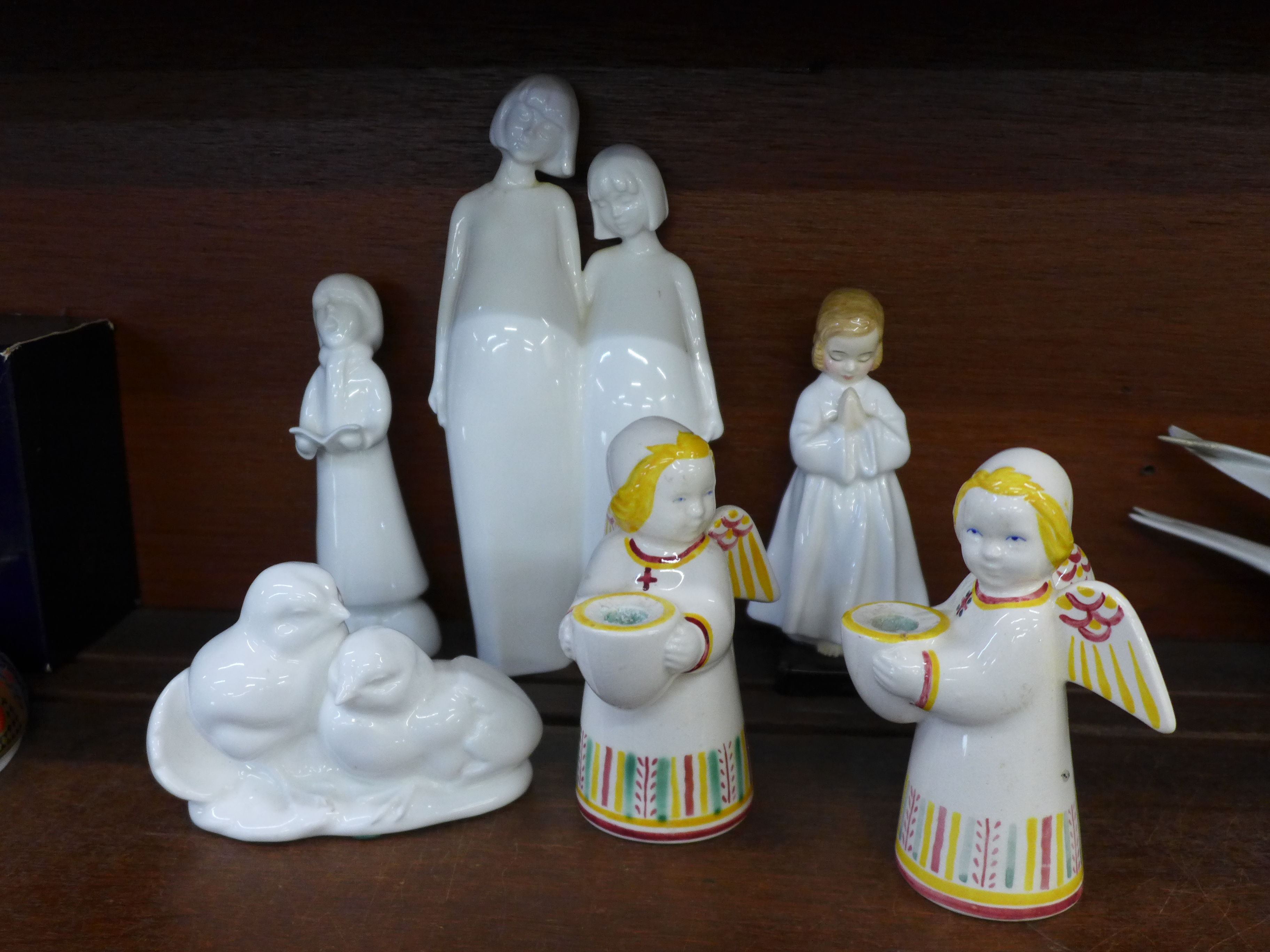 Four Royal Doulton figures and a pair of Danish figural candle holders, (largest figure a/f)