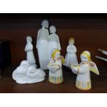 Four Royal Doulton figures and a pair of Danish figural candle holders, (largest figure a/f)