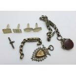 A Victorian silver swivel fob, one other silver fob, and two pairs of silver cufflinks, chain a/f,