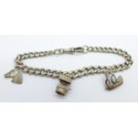 A silver bracelet with three charms, 24g