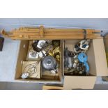 Two boxes of assorted items including a Spong slicer, a carpet beater, an easel, metalware,