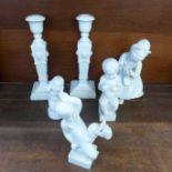 A pair of Royal Copenhagen candlesticks and four figures, one a/f