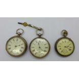 Three silver pocket watches, one case back a/f