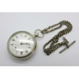 A silver pocket watch with silver double Albert chain