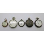 A silver pocket watch and fob watch, both a/f, two other pocket watches and one other fob watch