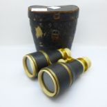 A pair of brass and ivory binoculars, cased