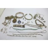 A collection of jewellery including a silver bangle and bracelet, some a/f, 230g