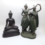 A bronzed figure of Thai dancers and a resin figure of Buddha