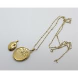 Two 9ct gold lockets, small one a/f, and a fine yellow metal chain, no fastener, total weight 5.5g