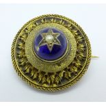 A Victorian memorial brooch in original box, blue enamel a/f, 14g, 35mm