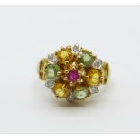 A 9ct gold ring set with ruby, small diamonds, citrine and peridot, 5.1g, size N