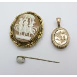 A cameo brooch, a locket, a/f and an opal set pin