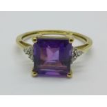 A 9ct gold, amethyst and diamond ring, 2g, O