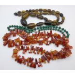 Three bead necklaces; malachite, large tigers eye and large agate