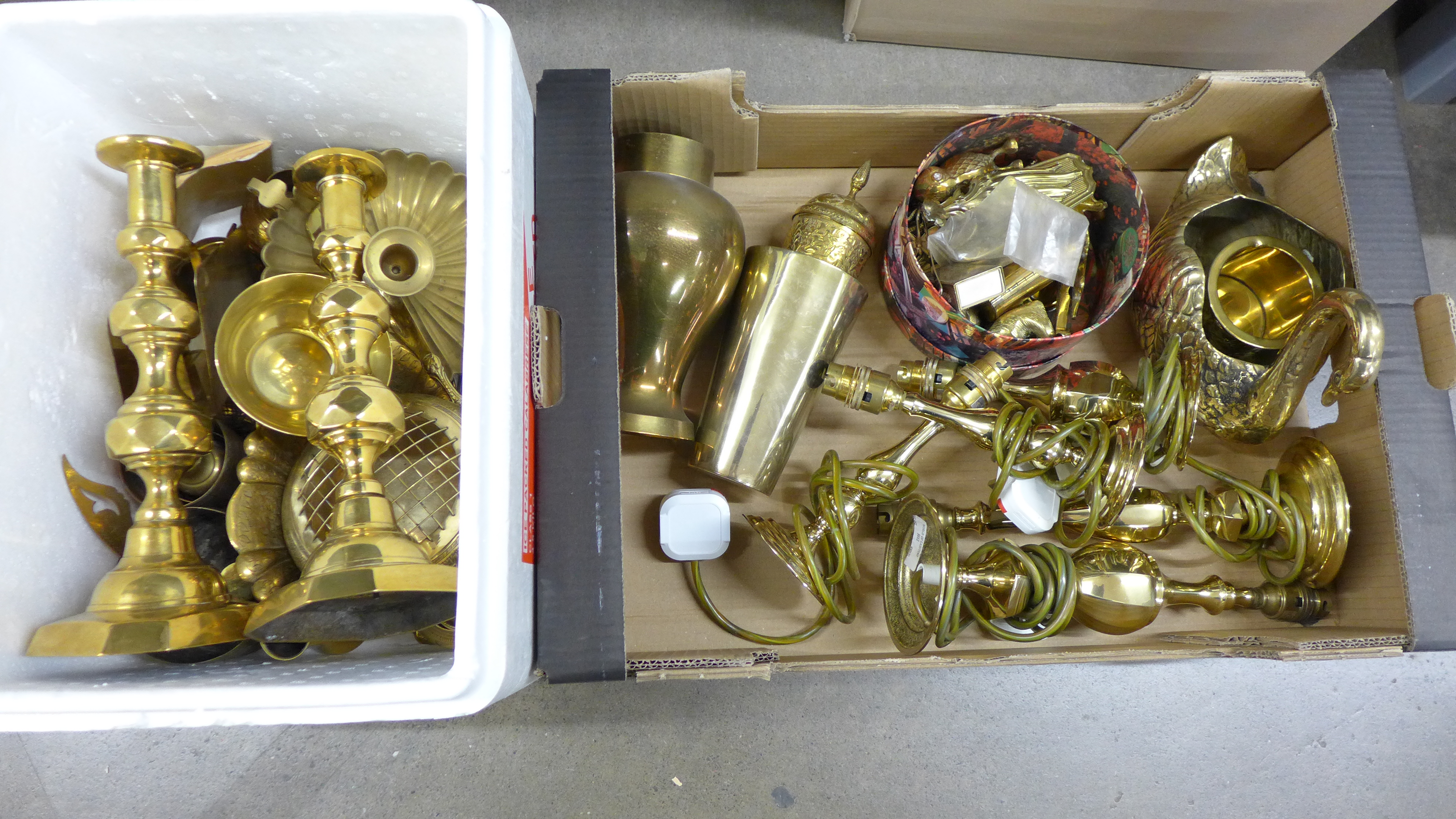 Two boxes of mixed brass, a pair of candlesticks, five table lamps, swan planter, etc.