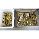Two boxes of mixed brass, a pair of candlesticks, five table lamps, swan planter, etc.