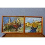 Two harbour landscapes, oil on board, framed