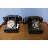 Two black Bakelite telephones, 1940's 312L and 1950's 332L