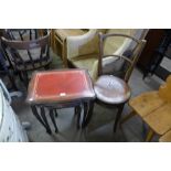 A mahogany and red leather top nest of tables and a beech bentwood chair