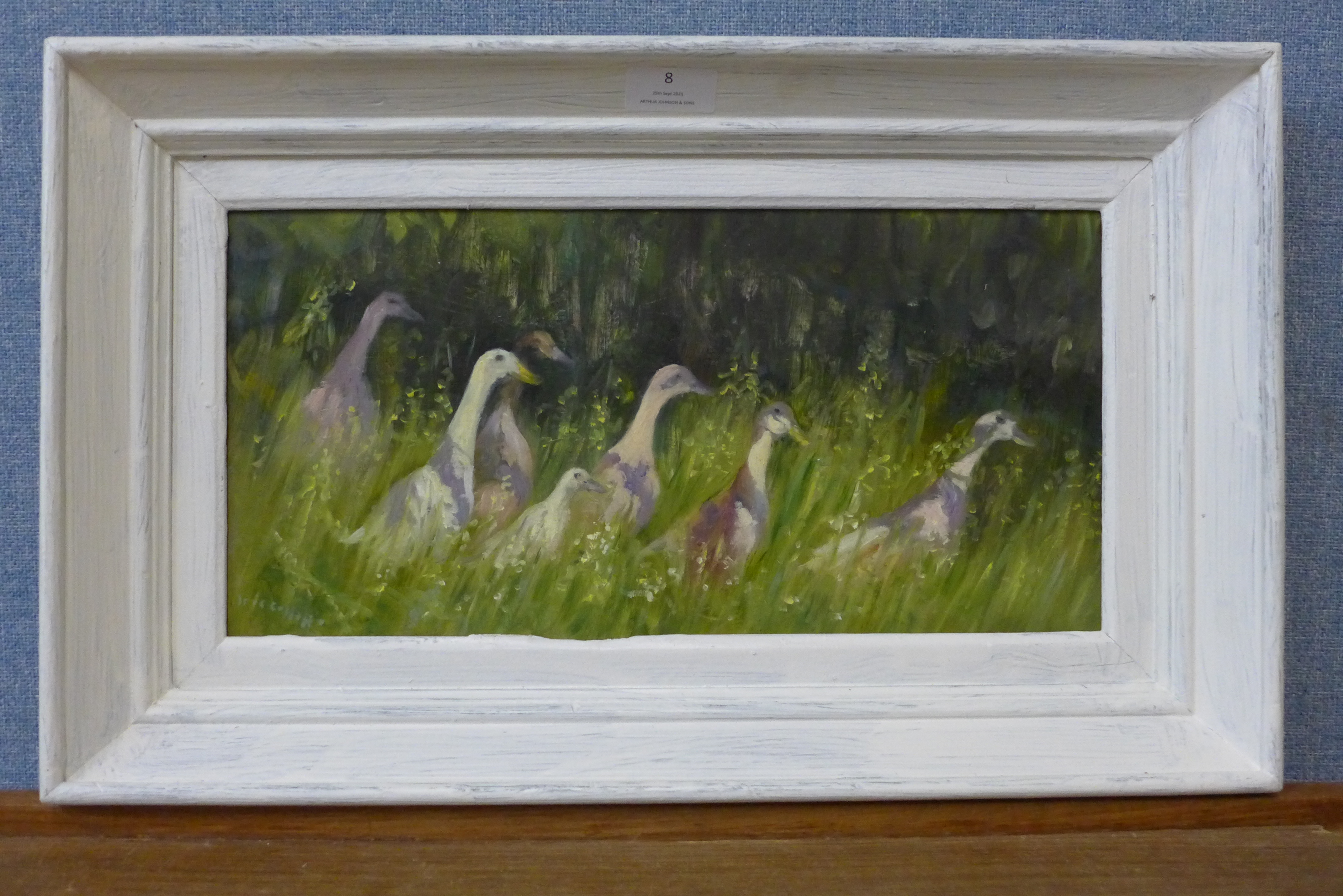 Iris Collette, a gaggle of geese, oil on board, 19 x 39cms, framed