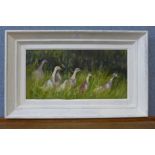 Iris Collette, a gaggle of geese, oil on board, 19 x 39cms, framed