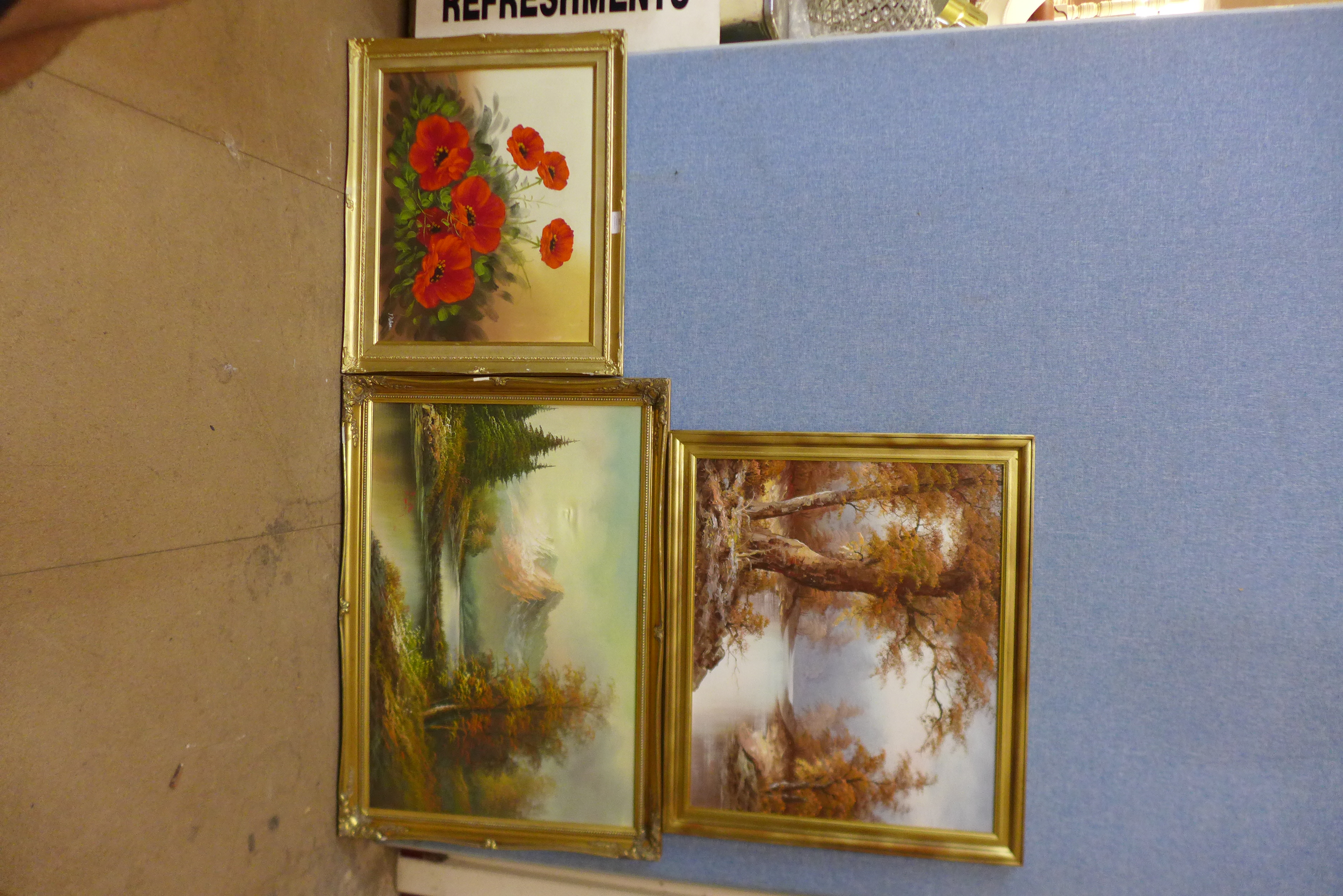 Two landscapes and a still life of flowers, oils on canvas, one a/f