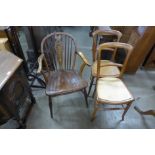 An elm and beech Windsor armchair and a pair of Victorian mahogany chairs