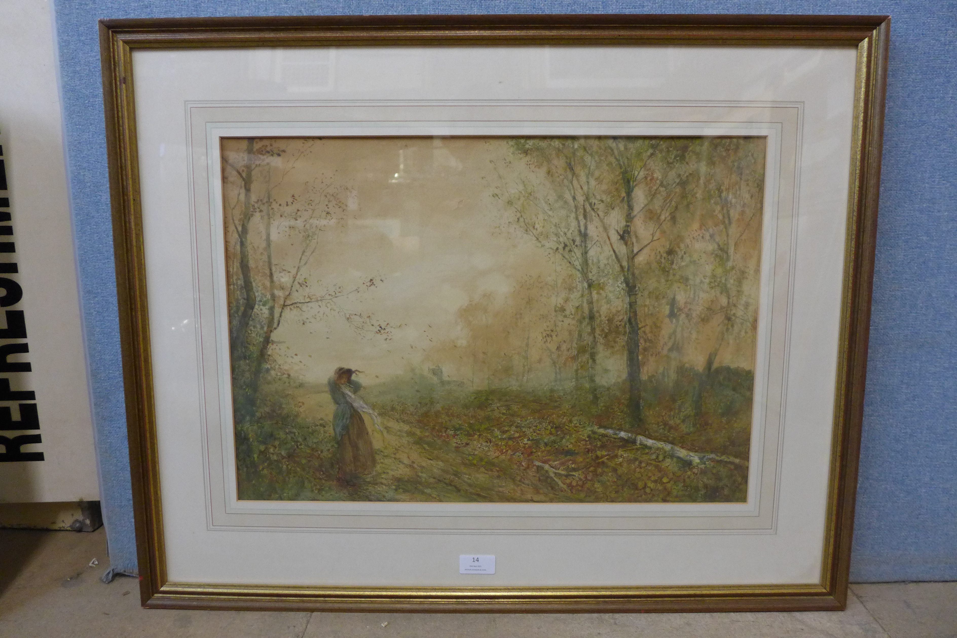 Fred Hines (1875-1928), autumnal rural landscape with a lady on a country lane, watercolour, 38 x