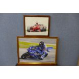 A Moto GP oil painting and Alan Sanderson, Formula 1 car, watercolour, framed