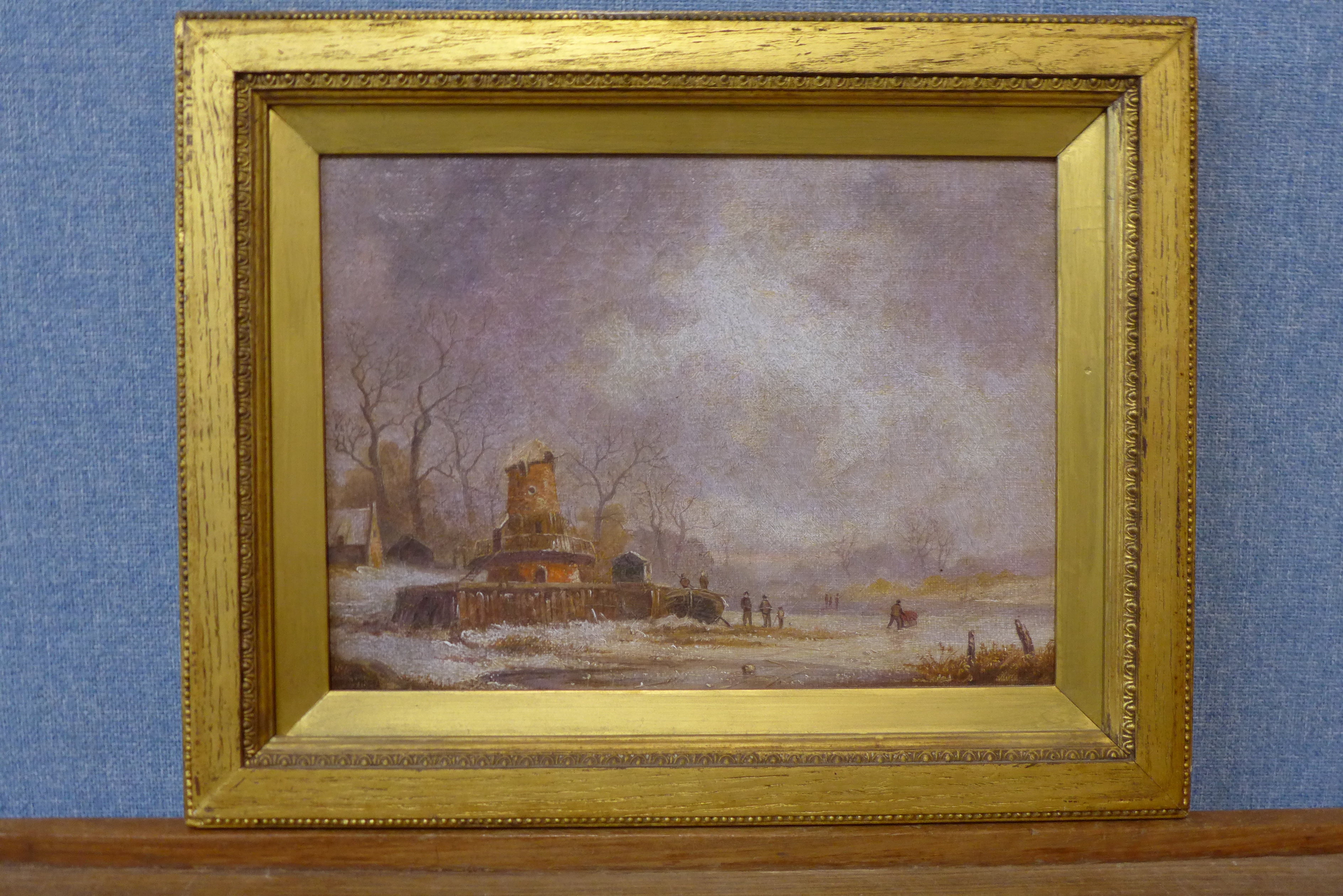 Jan Steen, Dutch winter landscape with figures on a frozen river, oil on canvas, 21 x 30cms, framed