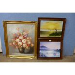 A still life of flowers in a vase, oil on canvas, another oil painting and a painted over print,