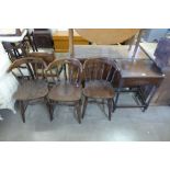 An oak barleytwist side table and three beech chairs