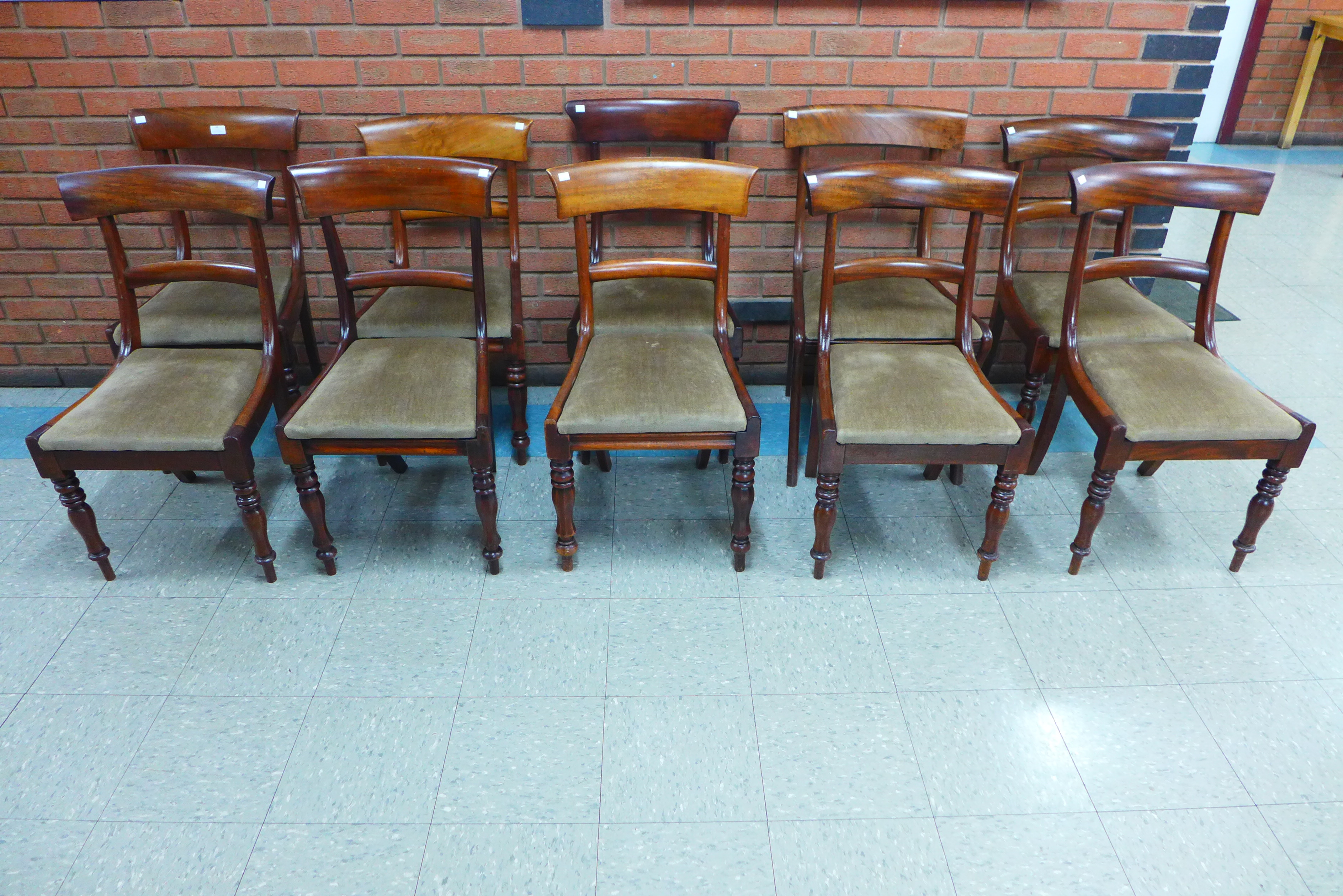 A Harlequin set of ten early Victorian mahogany dining chairs