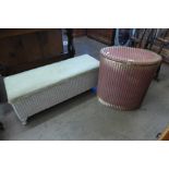 A Lloyd Loom linen box and a wicker ottoman