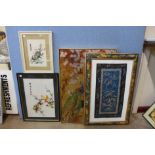 Three Chinese silk pictures and a print